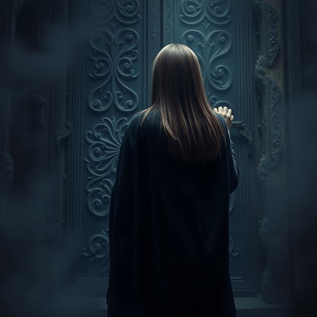 A mysterious and atmospheric scene depicting a woman with straight hair, seen from behind, struggling to open a large, foreboding door