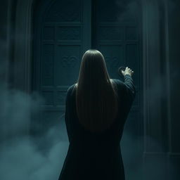 A mysterious and atmospheric scene depicting a woman with straight hair, seen from behind, struggling to open a large, foreboding door