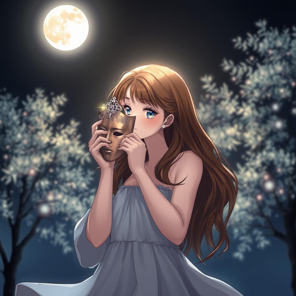 A brown-haired girl, elegantly removing a mask, standing beneath a glowing full moon