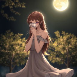 A brown-haired girl, elegantly removing a mask, standing beneath a glowing full moon