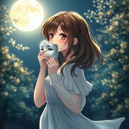 A brown-haired girl, elegantly removing a mask, standing beneath a glowing full moon