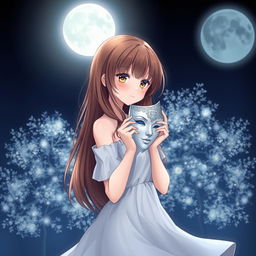 A brown-haired girl, elegantly removing a mask, standing beneath a glowing full moon