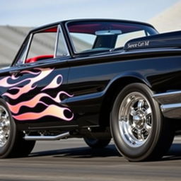 A stunning 1965 Ford Thunderbird drag car, featuring a glossy black exterior with vivid white painted flames elegantly licking along the sides