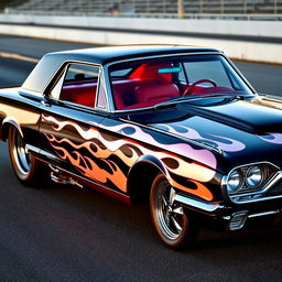 A stunning 1965 Ford Thunderbird drag car, featuring a glossy black exterior with vivid white painted flames elegantly licking along the sides