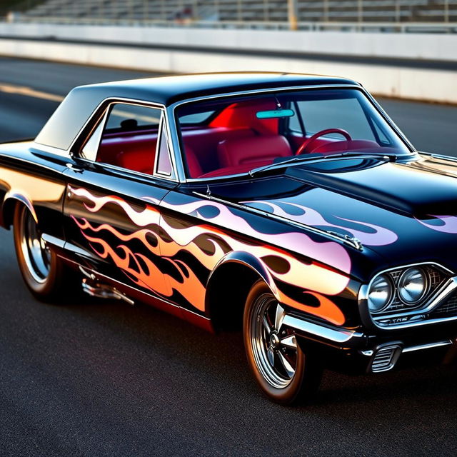 A stunning 1965 Ford Thunderbird drag car, featuring a glossy black exterior with vivid white painted flames elegantly licking along the sides