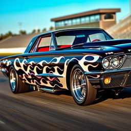 A stunning 1965 Ford Thunderbird drag car, featuring a glossy black exterior with vivid white painted flames elegantly licking along the sides