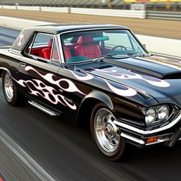 A stunning 1965 Ford Thunderbird drag car, featuring a glossy black exterior with vivid white painted flames elegantly licking along the sides