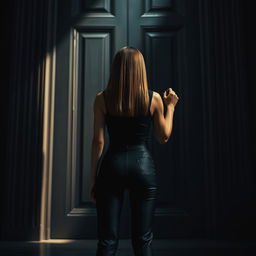 A powerful and courageous scene featuring a woman with straight hair, seen from behind, standing firmly in front of a large, imposing door