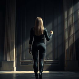 A powerful and courageous scene featuring a woman with straight hair, seen from behind, standing firmly in front of a large, imposing door