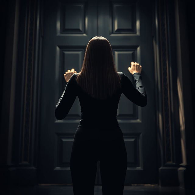 A powerful and courageous scene featuring a woman with straight hair, seen from behind, standing firmly in front of a large, imposing door