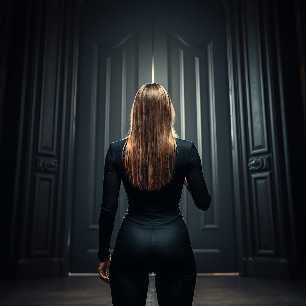 A powerful and courageous scene featuring a woman with straight hair, seen from behind, standing firmly in front of a large, imposing door