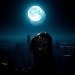 A big, luminous moon casting a bright light over a dark, sprawling city skyline