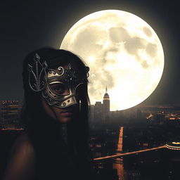 A big, luminous moon casting a bright light over a dark, sprawling city skyline