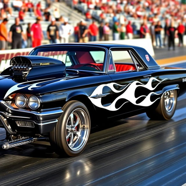 A stunning black 1965 Ford Thunderbird drag car, featuring fierce white flames elegantly painted along the sides