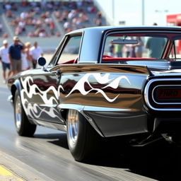 A stunning black 1965 Ford Thunderbird drag car, featuring fierce white flames elegantly painted along the sides