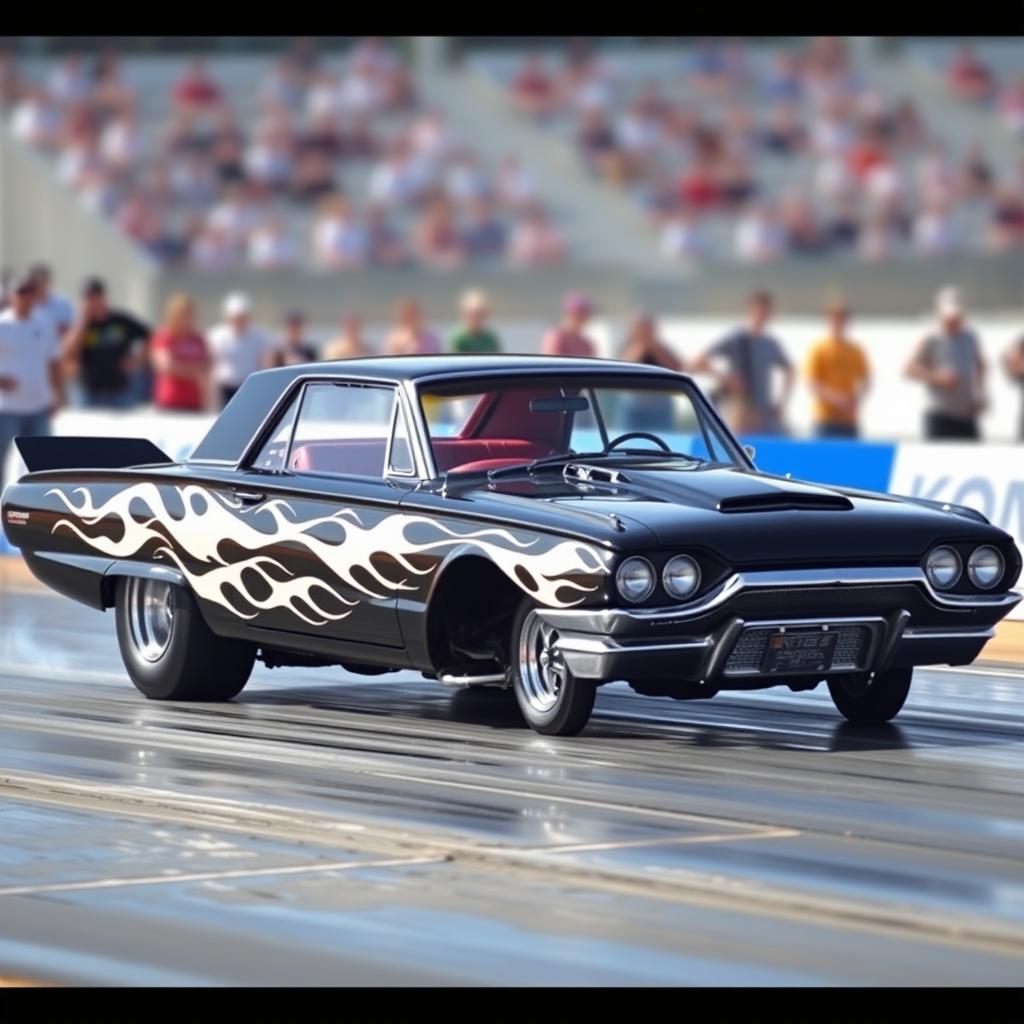 A stunning black 1965 Ford Thunderbird drag car, featuring fierce white flames elegantly painted along the sides