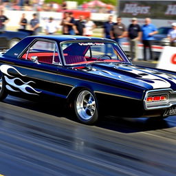 A stunning black 1965 Ford Thunderbird drag car, featuring fierce white flames elegantly painted along the sides
