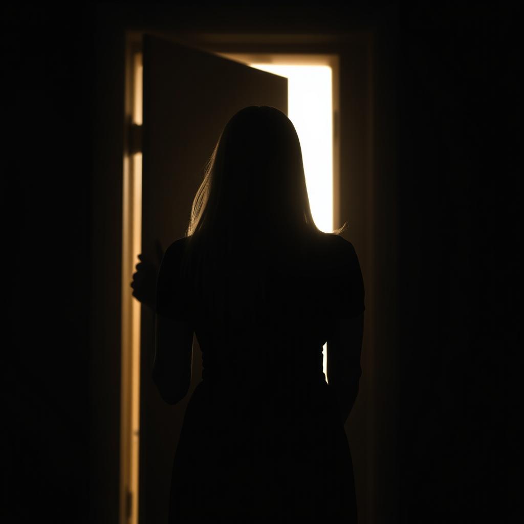 A striking silhouette of a woman with straight hair, viewed from behind, standing in front of a slightly open door