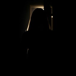 A striking silhouette of a woman with straight hair, viewed from behind, standing in front of a slightly open door