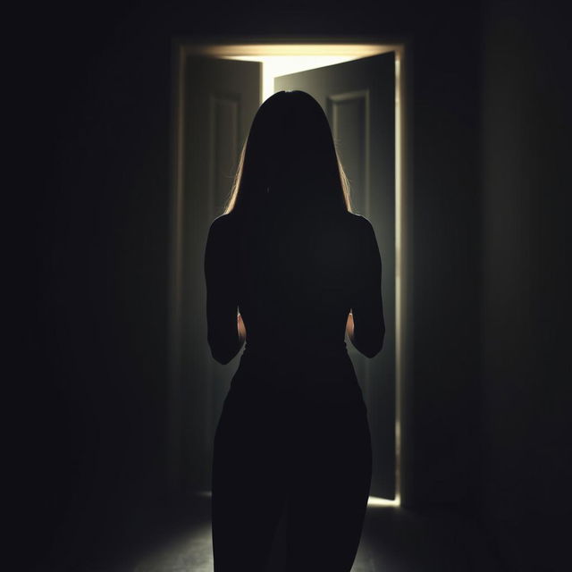 A striking silhouette of a woman with straight hair, viewed from behind, standing in front of a slightly open door