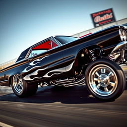 A stunning black 1965 Ford Thunderbird drag car showcasing fierce white flames painted on the sides, equipped with gleaming big chrome wheels that reflect the sun's rays