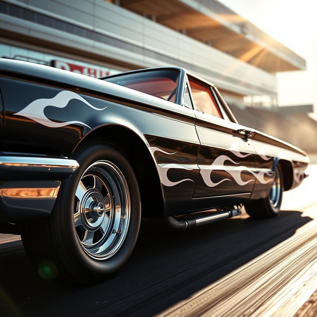 A stunning black 1965 Ford Thunderbird drag car showcasing fierce white flames painted on the sides, equipped with gleaming big chrome wheels that reflect the sun's rays