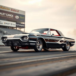A stunning black 1965 Ford Thunderbird drag car showcasing fierce white flames painted on the sides, equipped with gleaming big chrome wheels that reflect the sun's rays