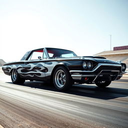 A stunning black 1965 Ford Thunderbird drag car showcasing fierce white flames painted on the sides, equipped with gleaming big chrome wheels that reflect the sun's rays