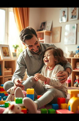 A heartwarming scene depicting a widowed father tenderly caring for his two-year-old daughter