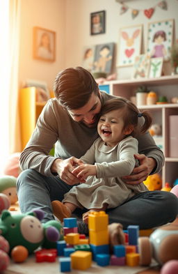 A heartwarming scene depicting a widowed father tenderly caring for his two-year-old daughter