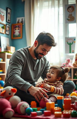 A heartwarming scene depicting a widowed father tenderly caring for his two-year-old daughter