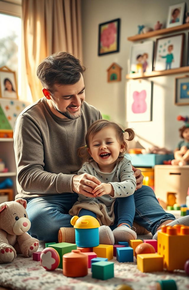 A heartwarming scene depicting a widowed father tenderly caring for his two-year-old daughter