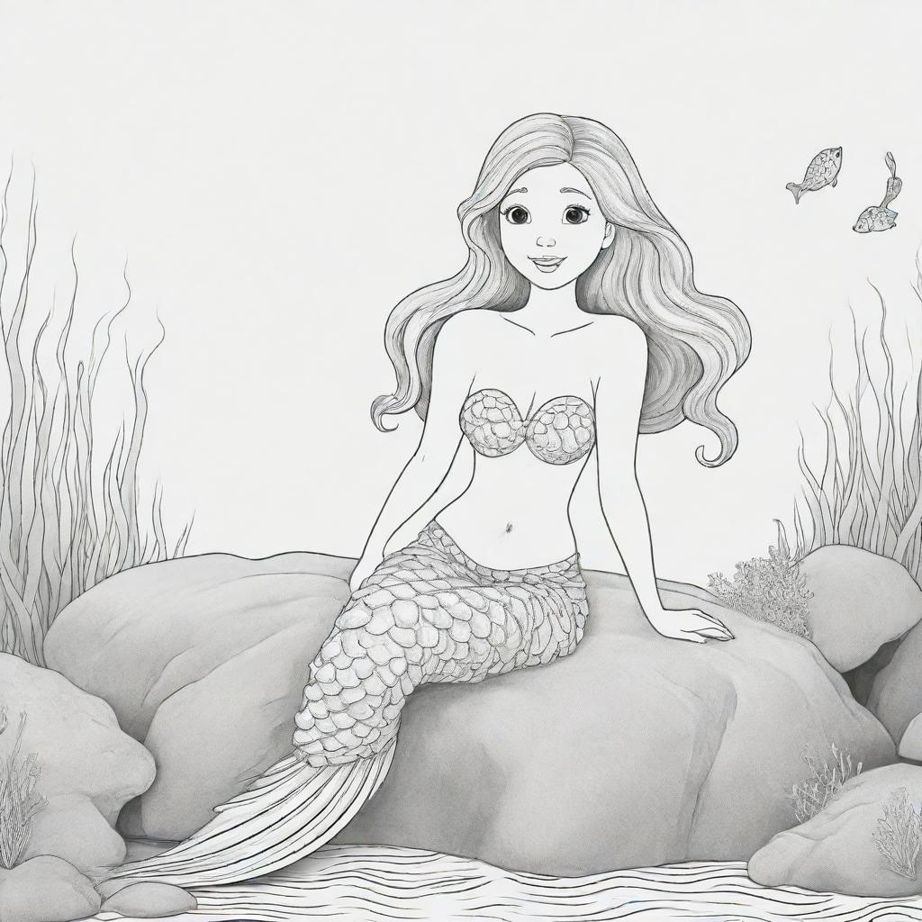 Cartoon-style mermaid sitting on a rock under the sea, designed as a two-dimensional colouring page presented in black and white