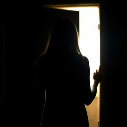 An engaging scene featuring a captivating silhouette of a woman with straight hair, viewed from the back, standing in front of a slightly ajar door