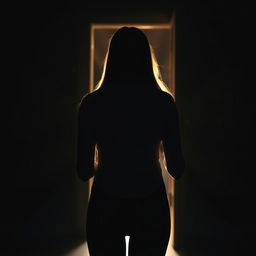 An engaging scene featuring a captivating silhouette of a woman with straight hair, viewed from the back, standing in front of a slightly ajar door