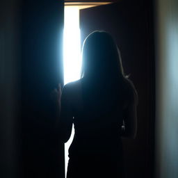 An engaging scene featuring a captivating silhouette of a woman with straight hair, viewed from the back, standing in front of a slightly ajar door