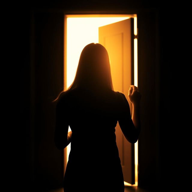 An engaging scene featuring a captivating silhouette of a woman with straight hair, viewed from the back, standing in front of a slightly ajar door