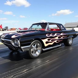 A striking black 1965 Ford Thunderbird drag car featuring vibrant white flames that elegantly rise along the sides