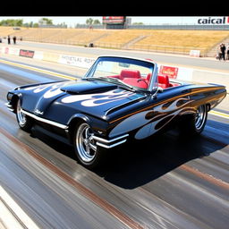 A striking black 1965 Ford Thunderbird drag car featuring vibrant white flames that elegantly rise along the sides
