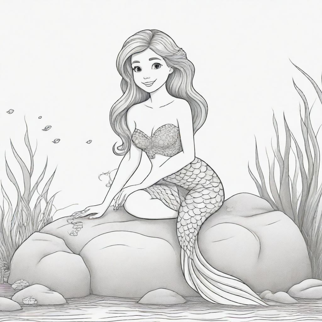 Cartoon-style mermaid sitting on a rock under the sea, designed as a two-dimensional colouring page presented in black and white