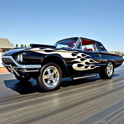 A striking black 1965 Ford Thunderbird drag car featuring vibrant white flames that elegantly rise along the sides