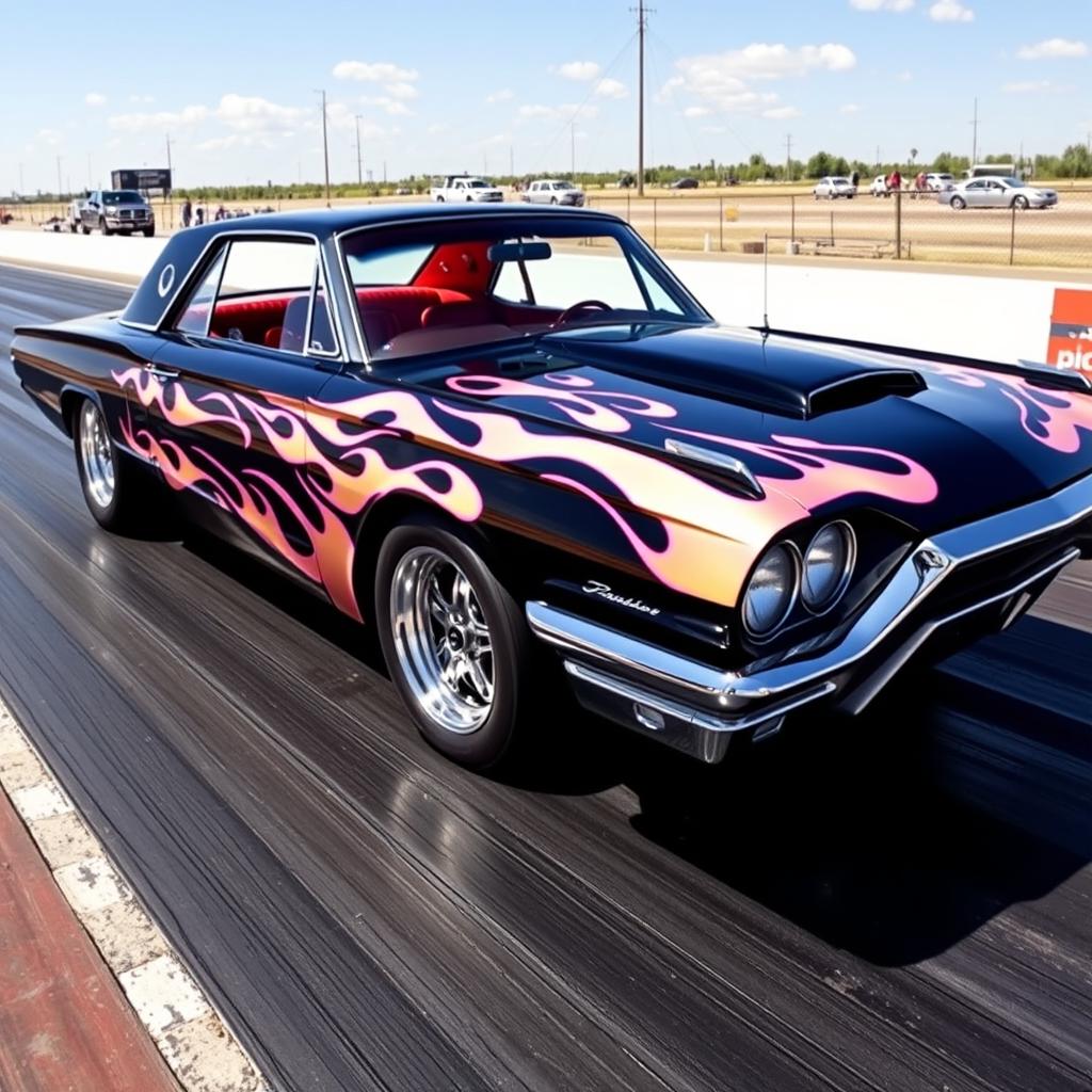 A striking black 1965 Ford Thunderbird drag car featuring vibrant white flames that elegantly rise along the sides