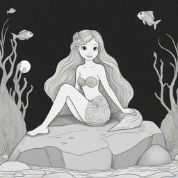 Cartoon-style mermaid sitting on a rock under the sea, designed as a two-dimensional colouring page presented in black and white