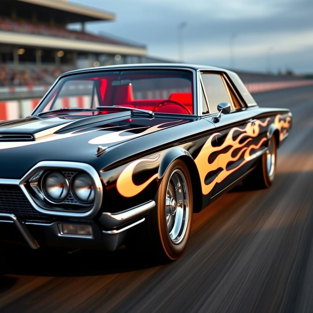 A stunning black 1965 Ford Thunderbird drag car, showcasing vibrant white flames painted along the body, exuding a sense of speed and power