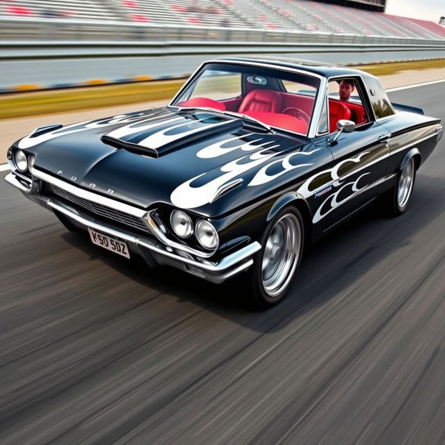 A stunning black 1965 Ford Thunderbird drag car, showcasing vibrant white flames painted along the body, exuding a sense of speed and power