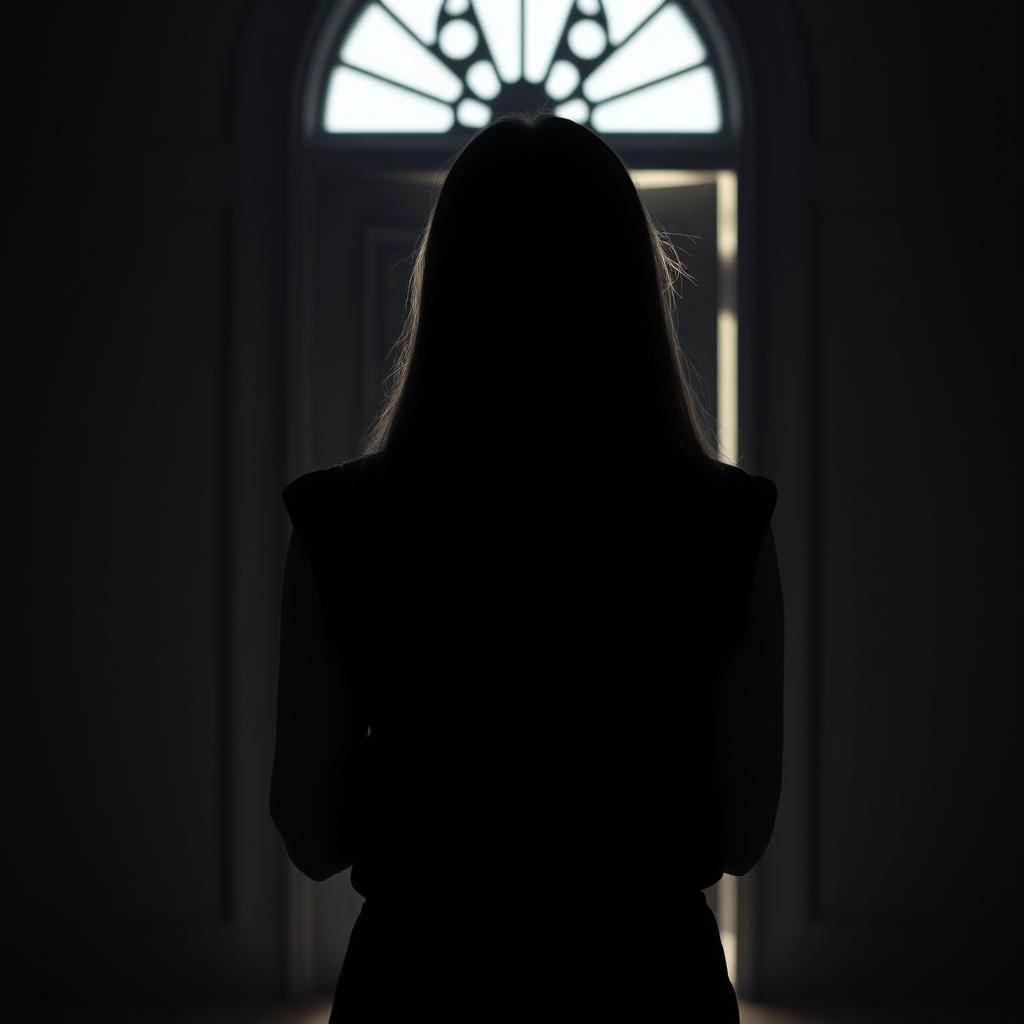 An engaging and thought-provoking scene featuring the silhouette of a woman with straight hair viewed from behind, standing before a slightly open door