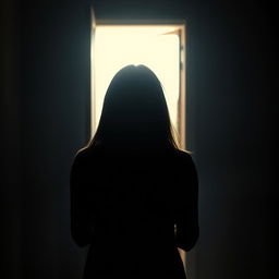 An engaging and thought-provoking scene featuring the silhouette of a woman with straight hair viewed from behind, standing before a slightly open door