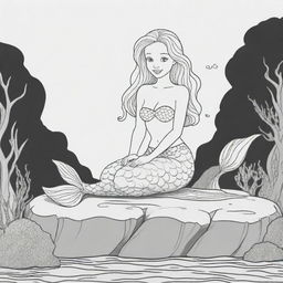 Cartoon-style mermaid sitting on a rock under the sea, designed as a two-dimensional colouring page presented in black and white