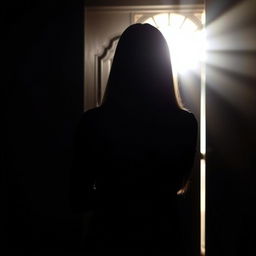 An engaging and thought-provoking scene featuring the silhouette of a woman with straight hair viewed from behind, standing before a slightly open door
