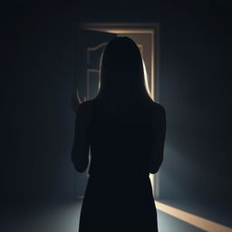 An engaging and thought-provoking scene featuring the silhouette of a woman with straight hair viewed from behind, standing before a slightly open door